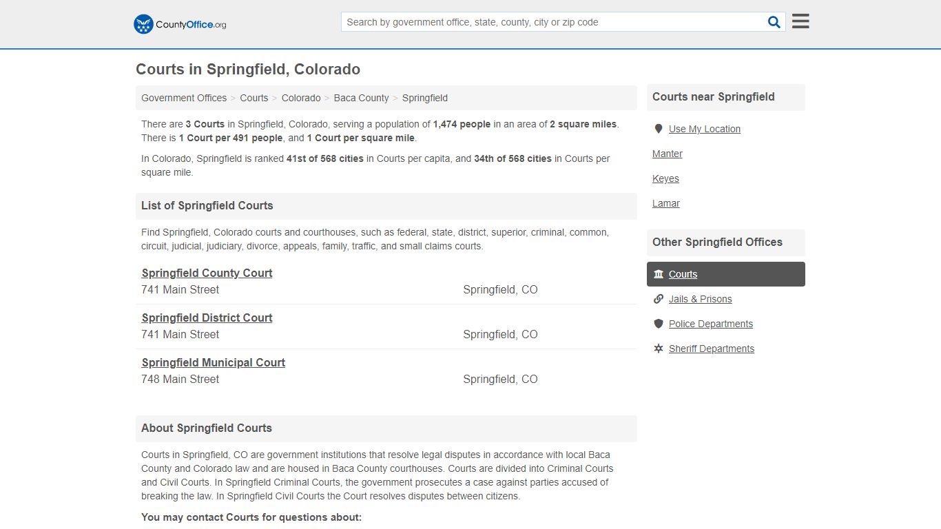 Courts - Springfield, CO (Court Records & Calendars) - County Office